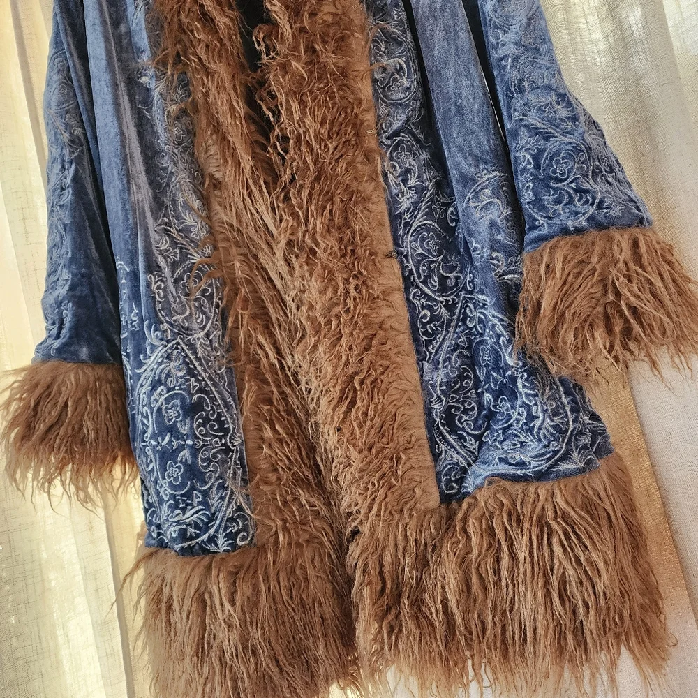 Free People Understated Moon Glow Blue Velvet Coat with Brown Faux Fur Trim
